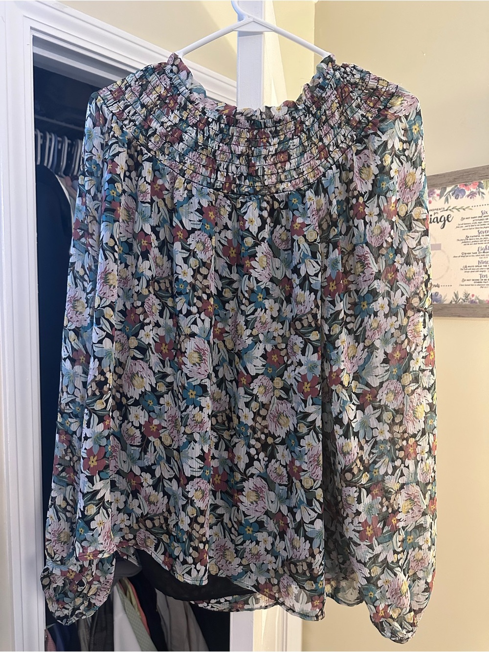 LOFT Black Floral Smocked Neck Blouse